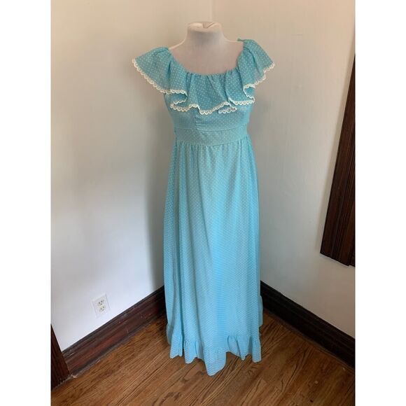 VTG 70s Boho Maxi Dress Blue Polka Dot Prairie Country Ruffle Gunne Handmade - Picture 7 of 16